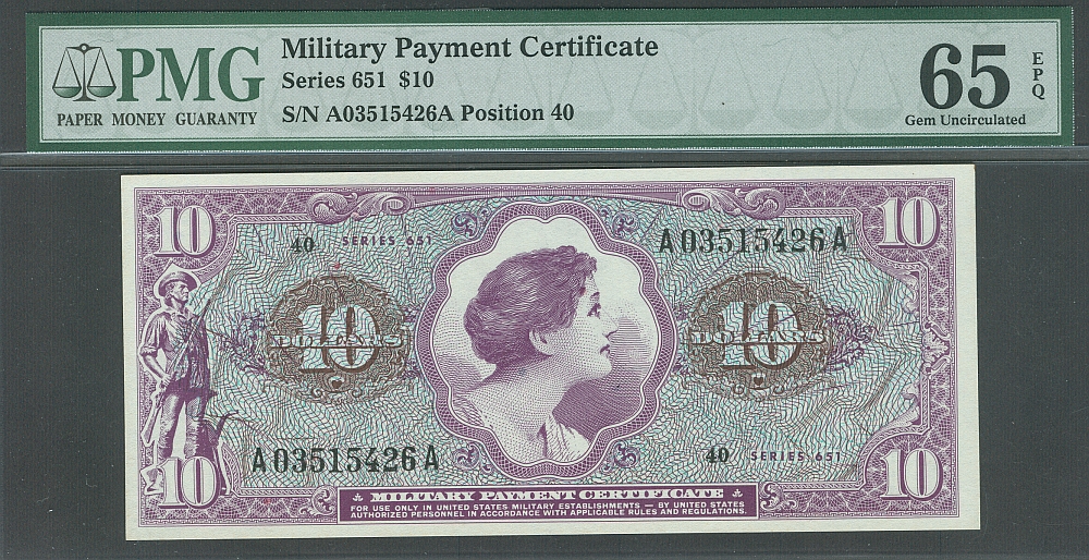 MPC, Series 651, Viet Nam Era $10.00, A03515426A, PMG65-EPQ